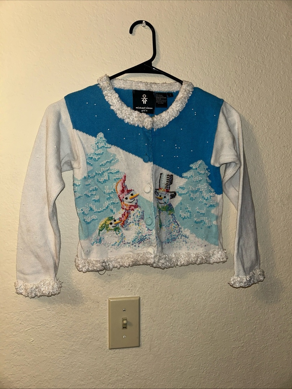 Vintage Michael Simon Blue Snow Man Christmas Sweater Beaded  Sz 6 Cardigan Y2k